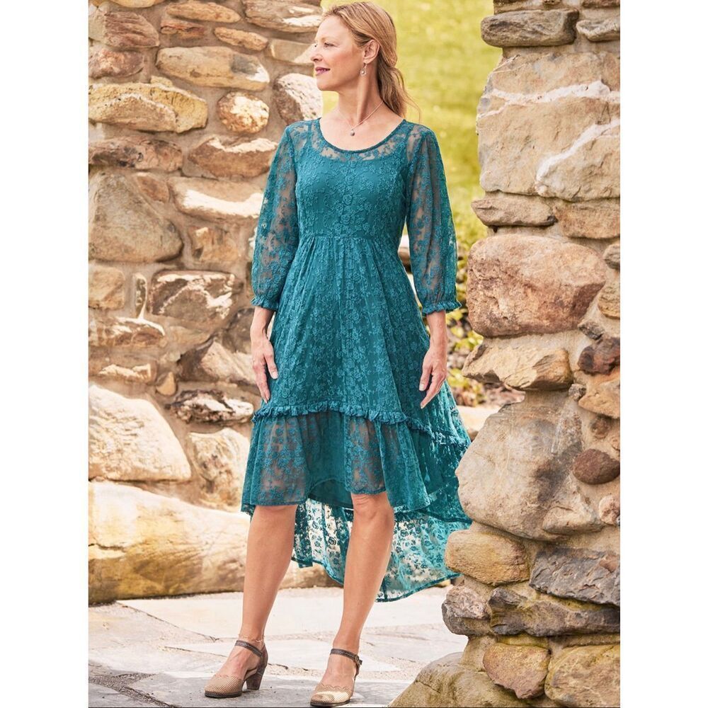 April Cornell Midi Dress Gala Lace Floral Teal Blue size XS